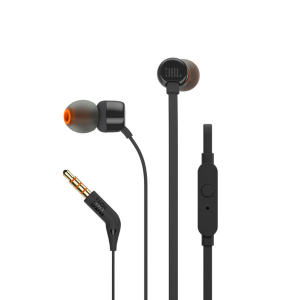JBL T110 InEar Universal Headphones Black, με ήχο JBL με καθαρό μπάσο, remote με ένα κουμπί με ενσωματωμένο μικρόφωνο και πλακέ καλώδιο που δεν μπλέκεται.