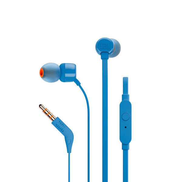 JBL T110 InEar Universal Headphones Blue, με ήχο JBL με καθαρό μπάσο, remote με ένα κουμπί με ενσωματωμένο μικρόφωνο και πλακέ καλώδιο που δεν μπλέκεται.