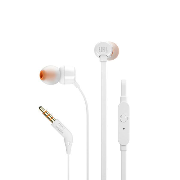 JBL T110 InEar Universal Headphones White, με ήχο JBL με καθαρό μπάσο, remote με ένα κουμπί με ενσωματωμένο μικρόφωνο και πλακέ καλώδιο που δεν μπλέκεται.